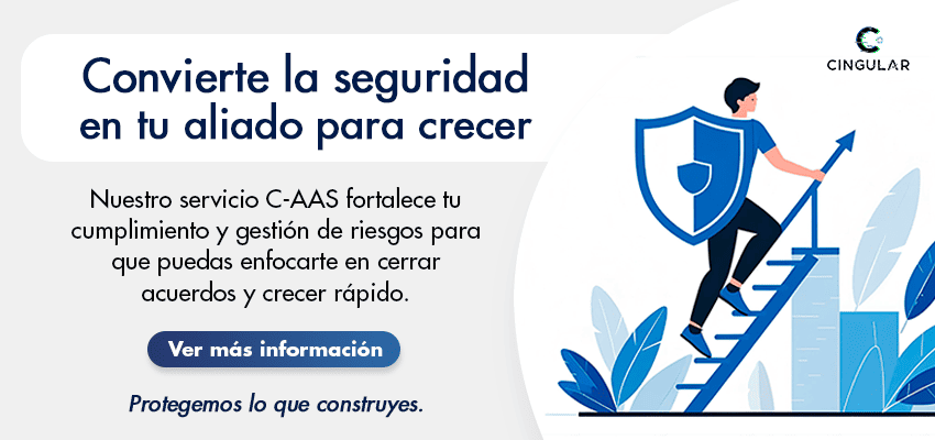 Banner visual que invita a fortalecer el compliance con el servicio C-AAS de Cingular, destacando confianza y acompañamiento experto.