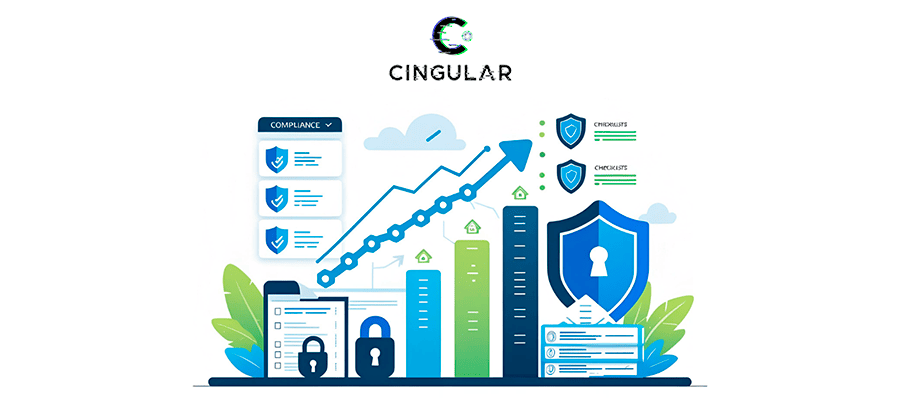 Ilustración que representa el crecimiento seguro de una startup con gráficos ascendentes y elementos de seguridad y compliance.